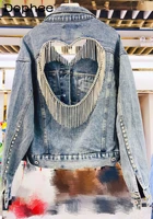 sexy back hollow heart shape rhinestone tassel denim jacket women heavy washed short jean coats female 2022 fashion clothing