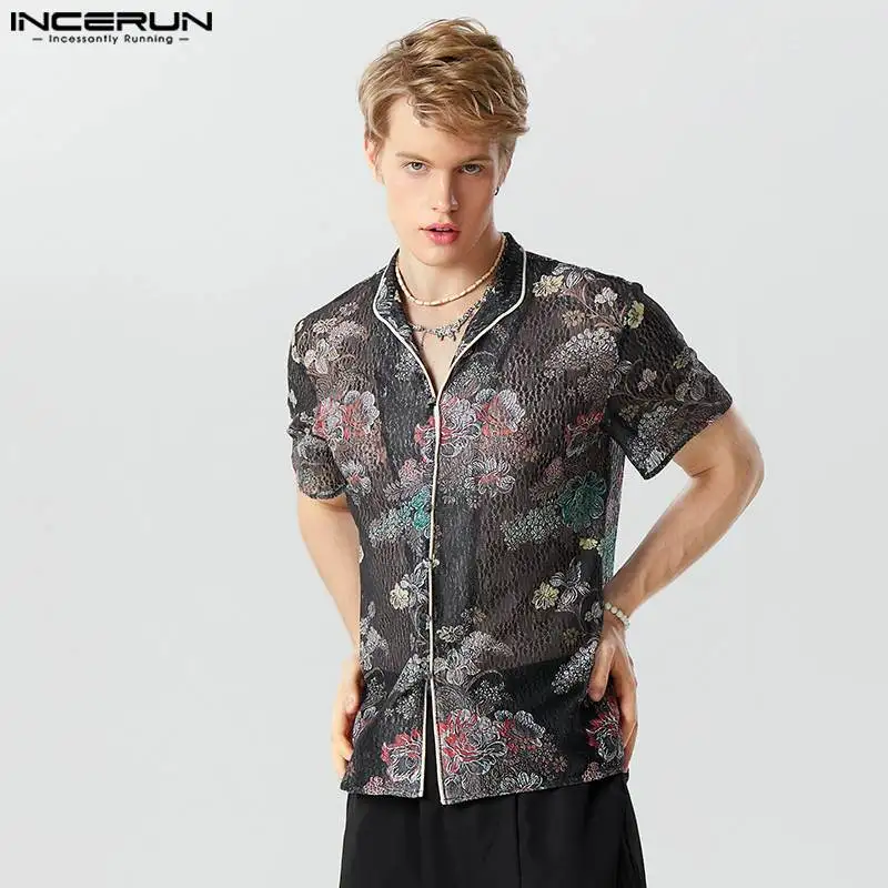

2023 Men Shirt Printing Vintage Mesh Stand Collar Short Sleeve Men Clothing Streetwear Summer Transparent Camisas S-5XL INCERUN