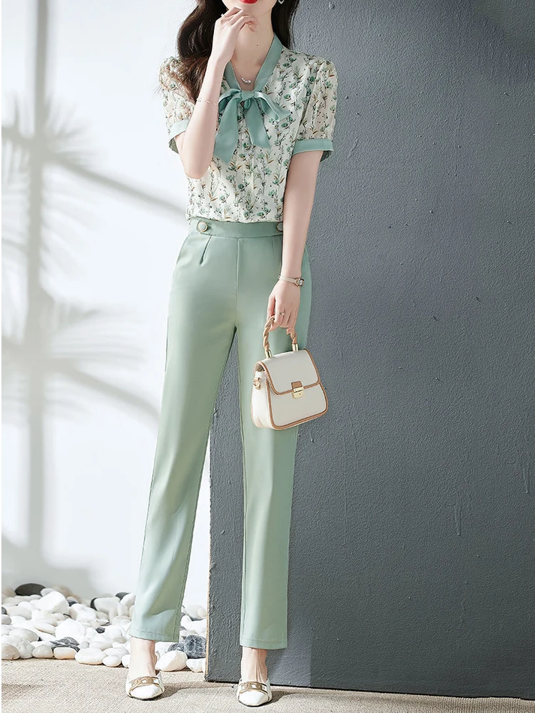 

Summer New Bow Floral Two-piece Suits Women Elegant Office Short Sleeve Tops Pencil Pants Sets Woman