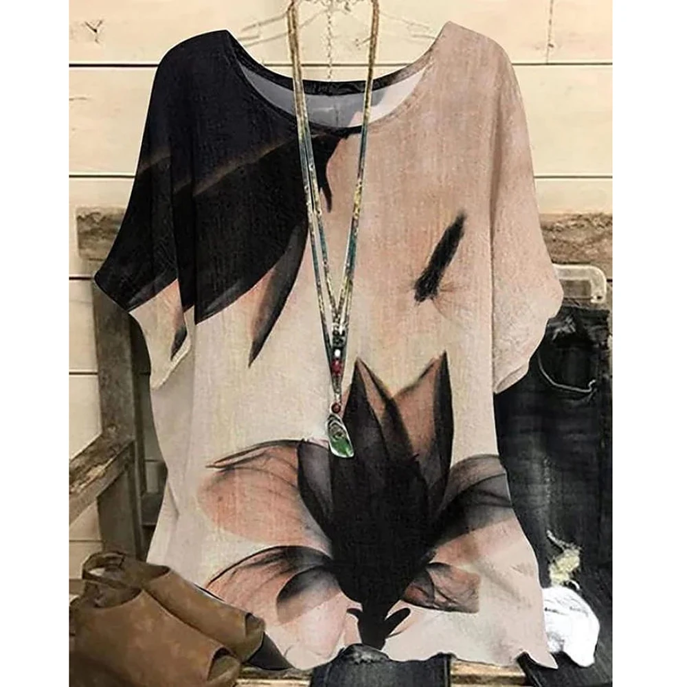 

Женская футболка с коротким рукавом и цветочным принтом, Свободный Повседневный Модный пуловер с круглым вырезом, женская футболка, Новинк...