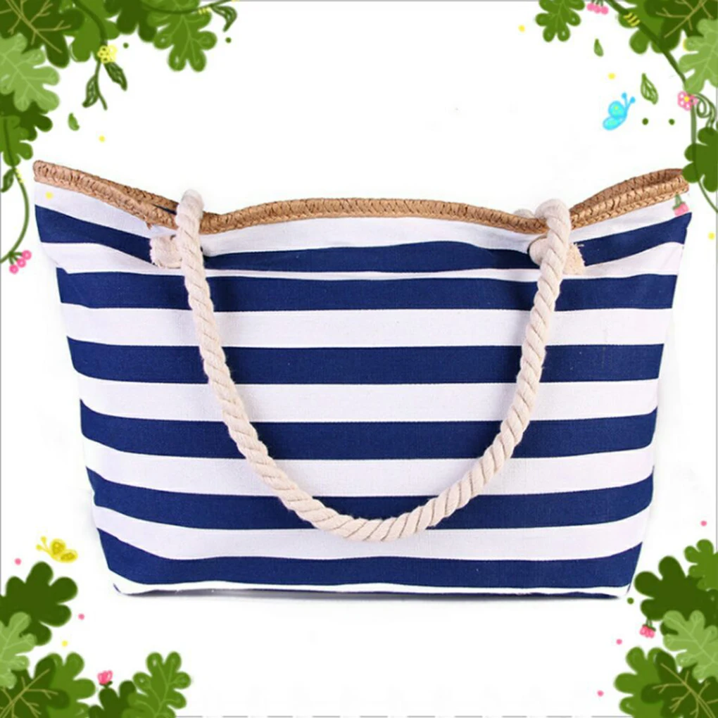 Woman Girl Travel Navy Blue Stripe Canvas Beach Tote Shoulder Bag with Inner Zipper Rope Handle