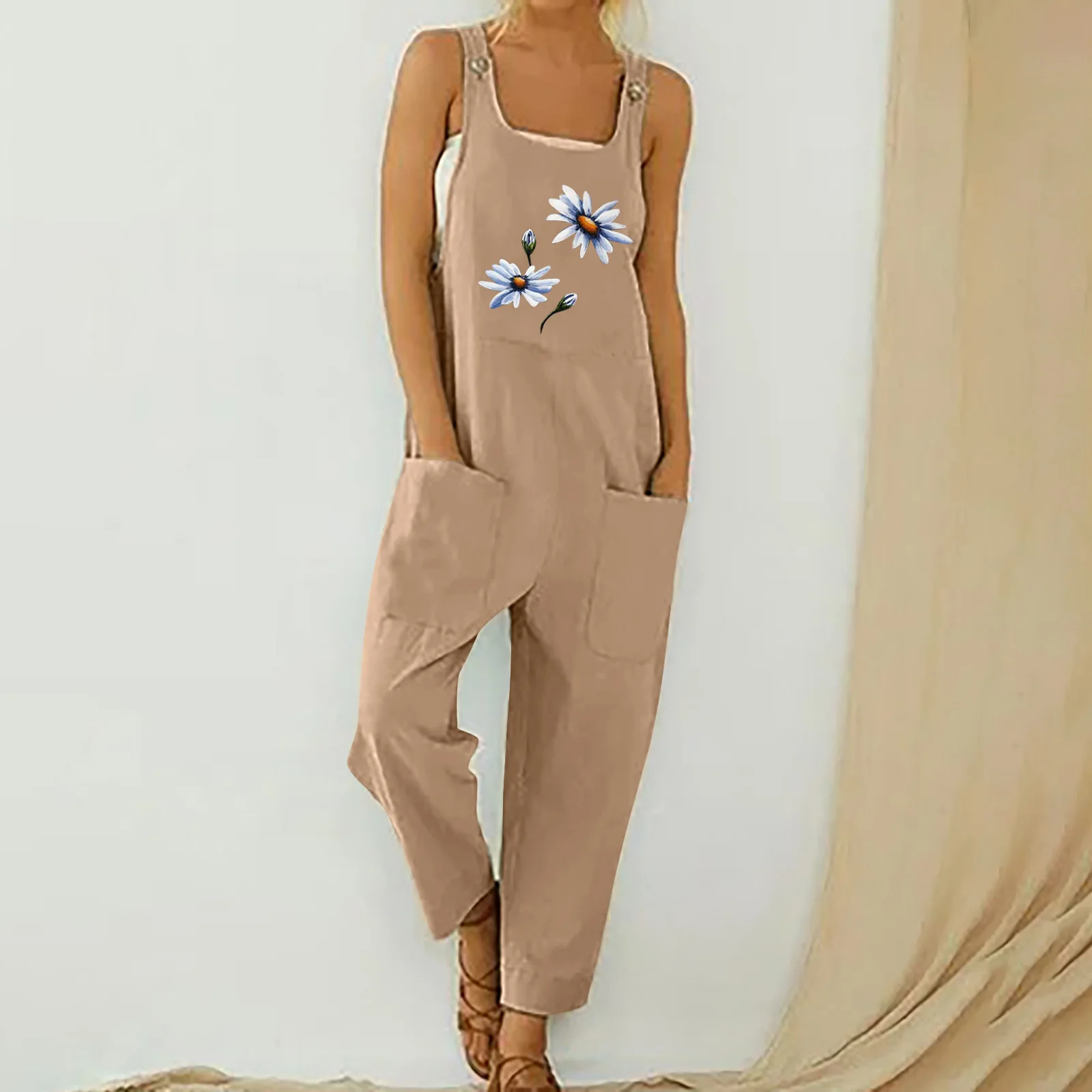 

Female Bodysuit Vintage Casual Boho Romper Long Summer Jumpsuit Strap Button Pocket Floral Playsuit Daisy Print Women Jumpsuit