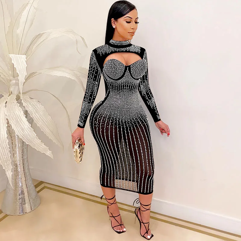 

Rhinestone Sparkly Women Midi Dress Sheer Mesh Patchwork Long Sleeve Sexy Hollow Out Elegant Evening Party Nightclub Bodycon