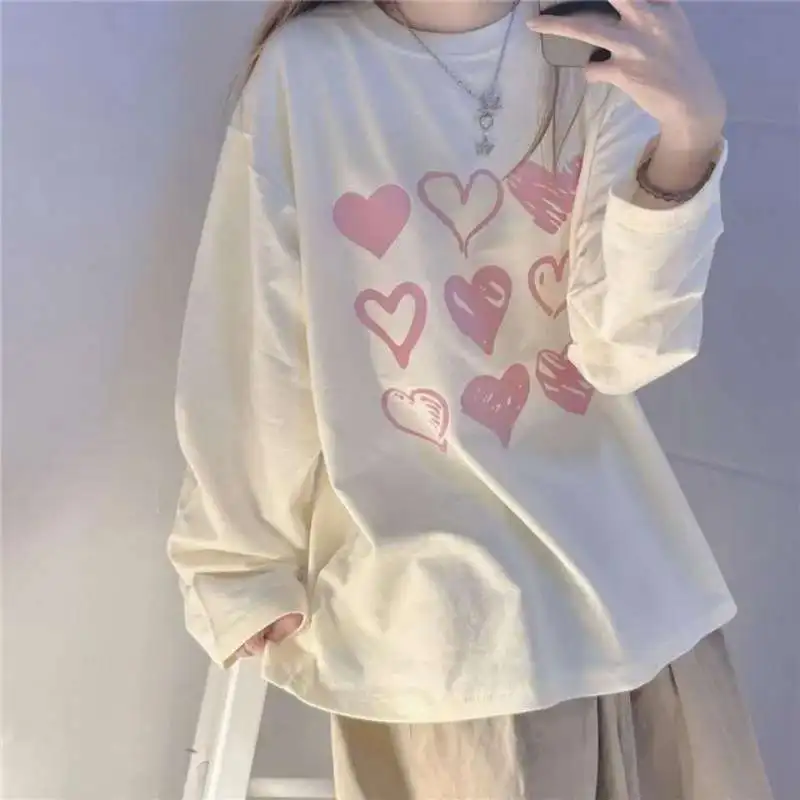 

Autumn Women's Sweetshirts Love Print O-Neck Pullovers Sweatshirt Casual Loose Long Sleeve Hood Korean Style Kawaii Hoodie