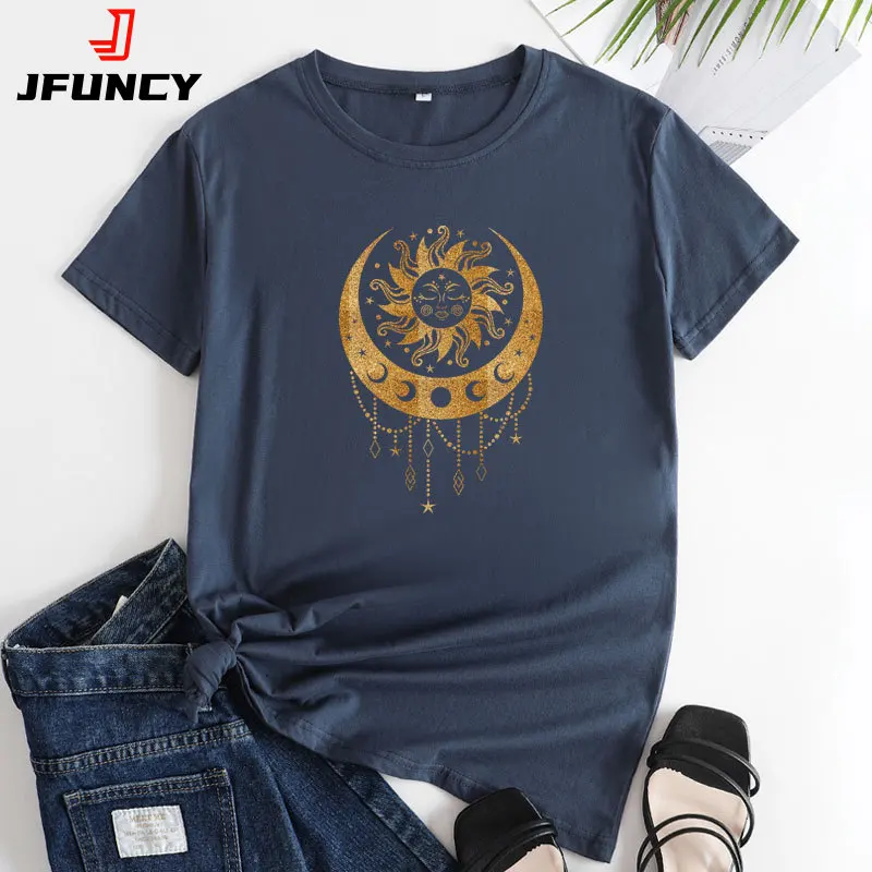 JFUNCY Women's Summer T-shirt 2022 Fashion Short Sleeve Tshirt Casual Loose Tee Shirts Woman Cotton Tops Female Clothing