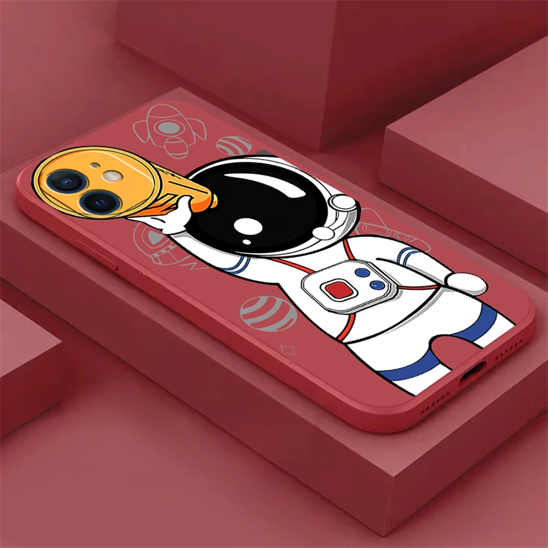 

Cute astronaut For Apple iPhone 13 12 11 Pro 13 12 Mini X XR XS Max SE 5 6 7 8 Plus Phone Case Liquid Silicone Cover funda coque