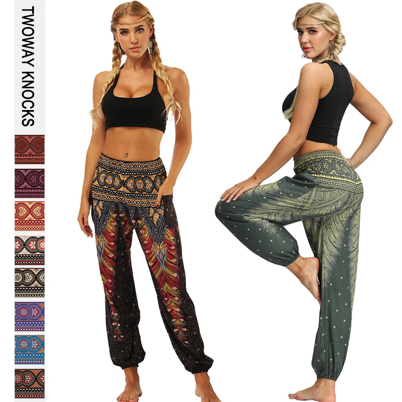 

Брюки женские повседневные спортивные с принтом, свободные штаны для йоги и танцев в стиле бохо, пляжная одежда в стиле хиппи, эластичные брюки-фонарики для бега