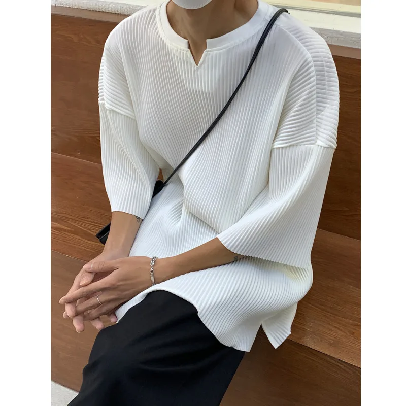 

Футболка мужская с коротким рукавом, модная повседневная тенниска из вискозы, уличная одежда в Корейском стиле, свободная плиссированная майка, большие размеры, лето