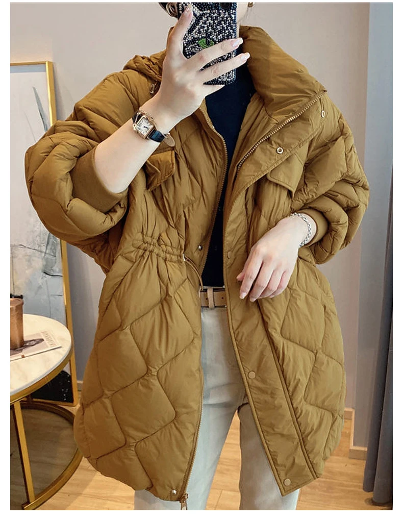 New Winter Women Hooded 90% White Duck Down Jacket Drawstring Autumn Winter Outwear Vintage Loose Argyle Puffer Coat