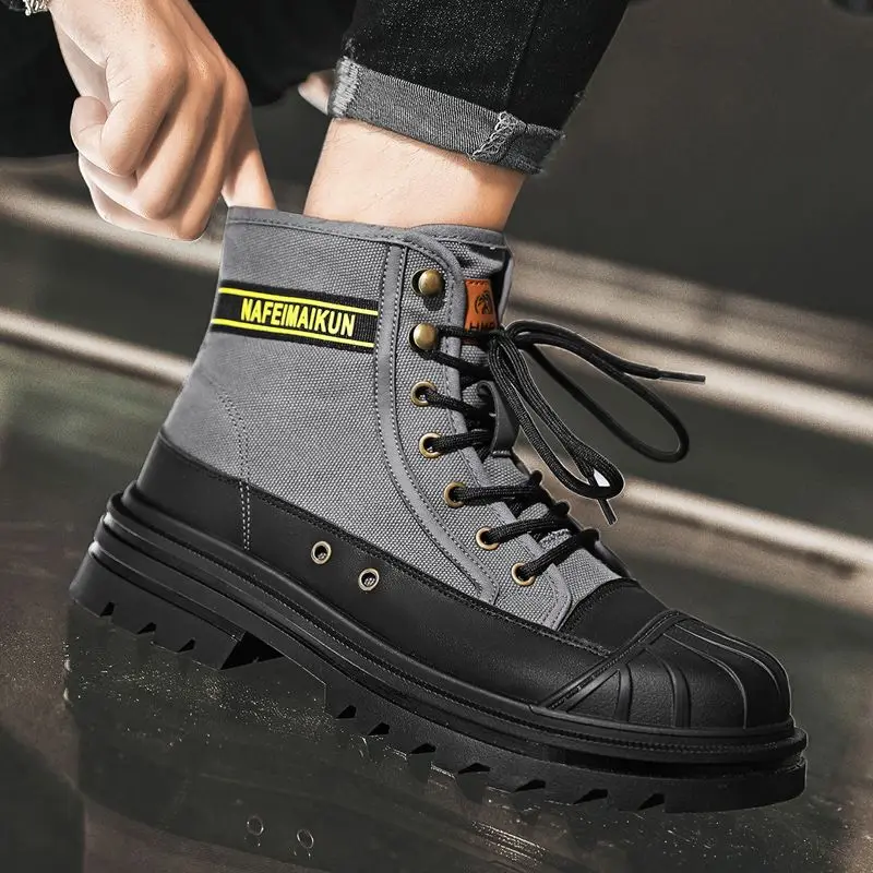 

39-44 Mens PU Boots Spring Autumn Flat Heel Lace-up Solid Color Knight Boots Soft Sole Non-slip Increase Height Male Shoes Hw68