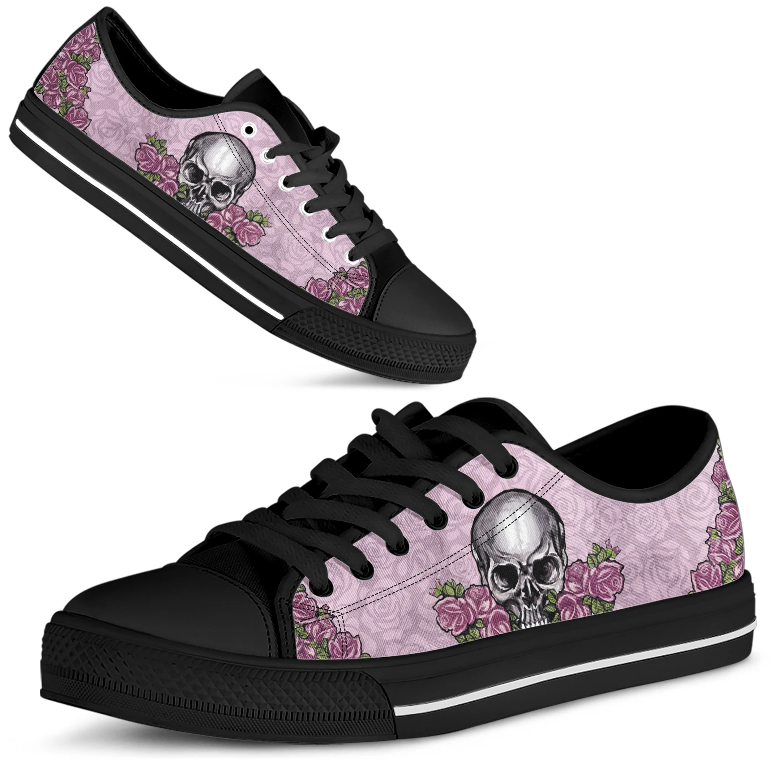 ELVISWORDS Queen Skull Flower 3D Print Vulcanize Shoes Fashion Women Canvas Low Top Flats Lace Up Comfortable Shoes Walk Zapatos