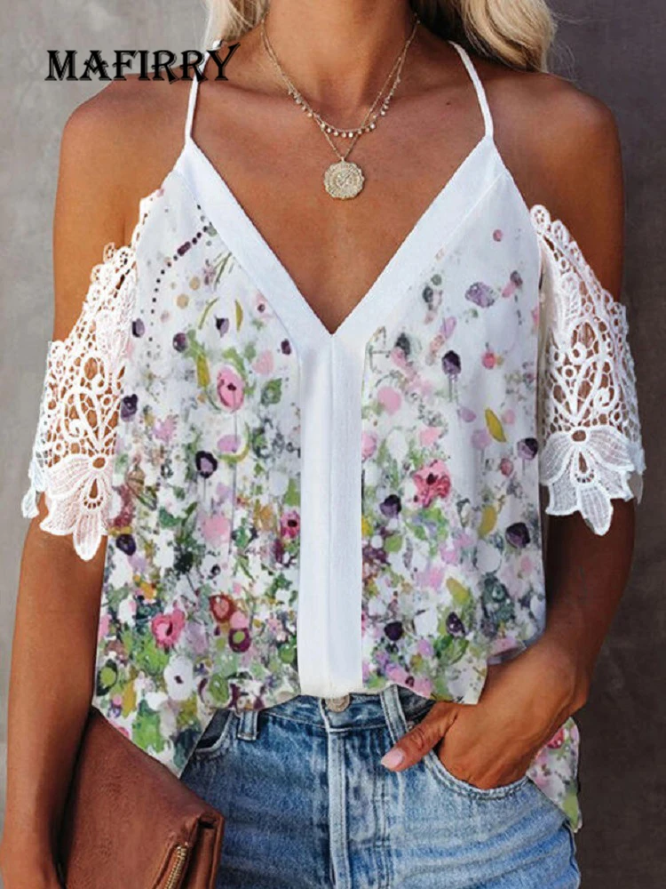

Casual Deep V-Neck Short Sleeve Hollow Out Blouse Summer Floral Printed Loose Women Pullover Shirt Sweet Streetwear Dropshipping