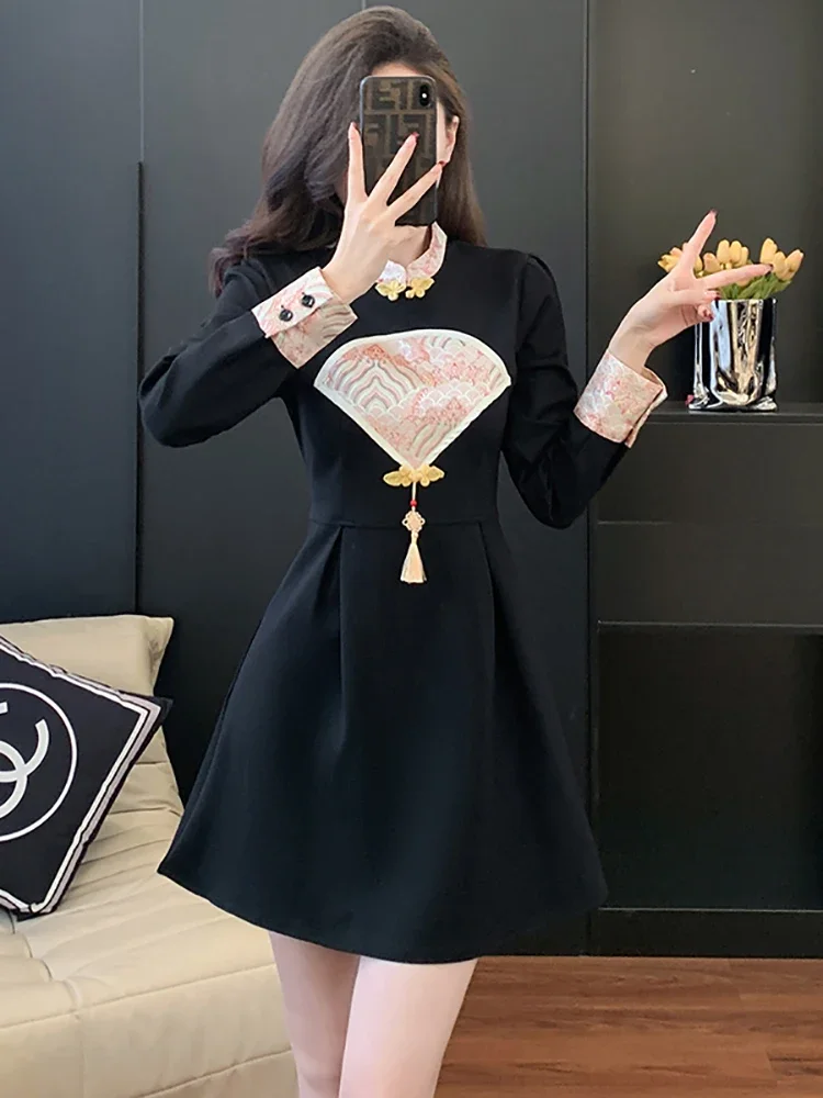Женское винтажное платье в Корейском стиле Осеннее черное лоскутное короткое с