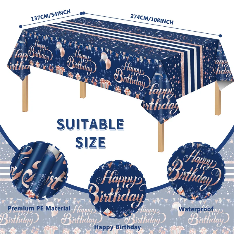 

Navy Blue Rose Gold Disposable Birthday Tablecloth Plastic Table Cover for Girl Kids Woman Adult Birthday Party Decor Supplies
