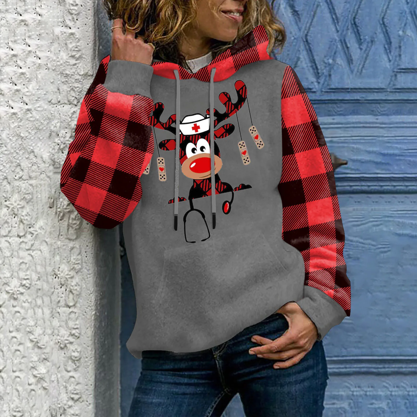

Sleep Jacket Womens Ladies Hoodies Women's Christmas Printed Plaid Stitching Top Sweater Senior Women Womens Loose Sweatshirt