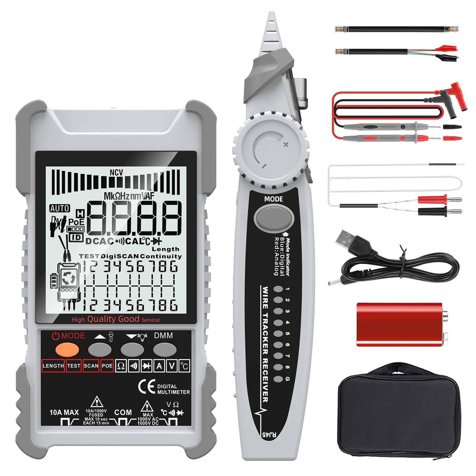 LCD intelligent Network Cable Tester & Digital Multimeter Multifunctional Ethernet Cable Tracer PoE Voltage Testing Port Flash