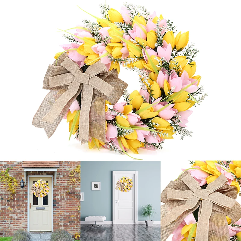 

1pc Spring Artificial Tulip Wreath Front Door Wall Hanging Sign Home Garden Parties Decor Wreaths Wedding Festivals Decoration
