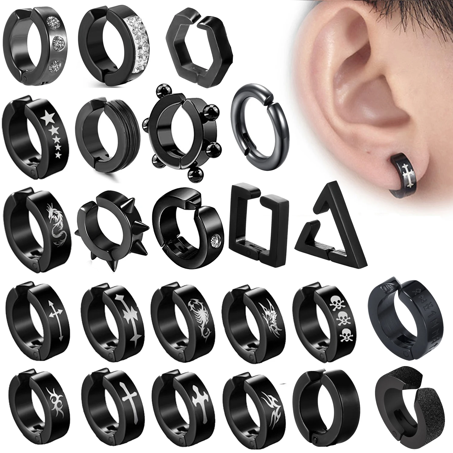

2pieces Punk Titanium Steel Ear Clip Earrings For Men Women Print Pattern Black No Pierced Fake Ear Circle New Pop Jewelry