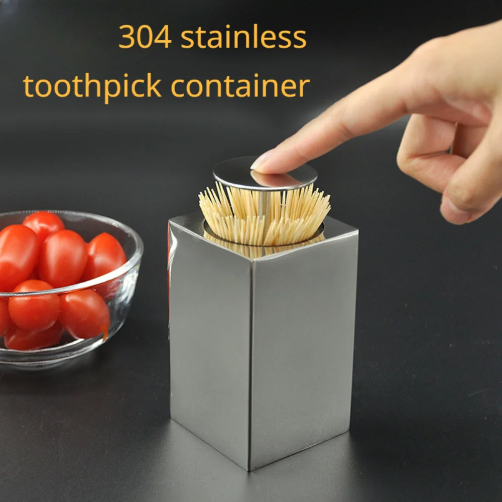

304 Stainless Steel Square Toothpick Canister Plastic Pressed Automatic Toothpick Box Cotton Swab Box Toothpick Dispenser