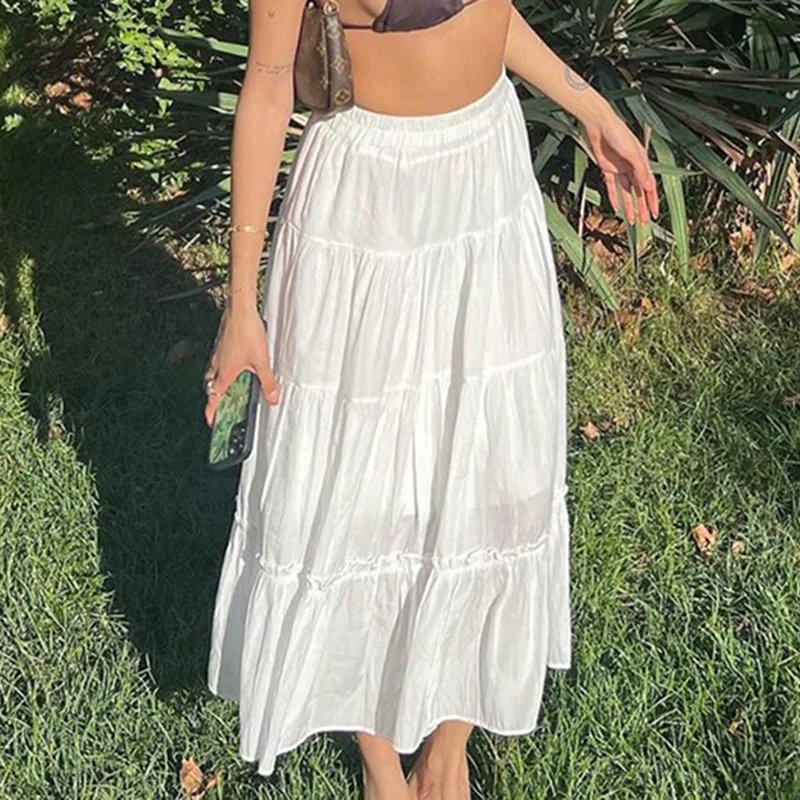 

Hot Street Style White Long Pleated Skirt Women 2023 New Thin Loose Outside All match Summer Casual Fashion Lady Skirt
