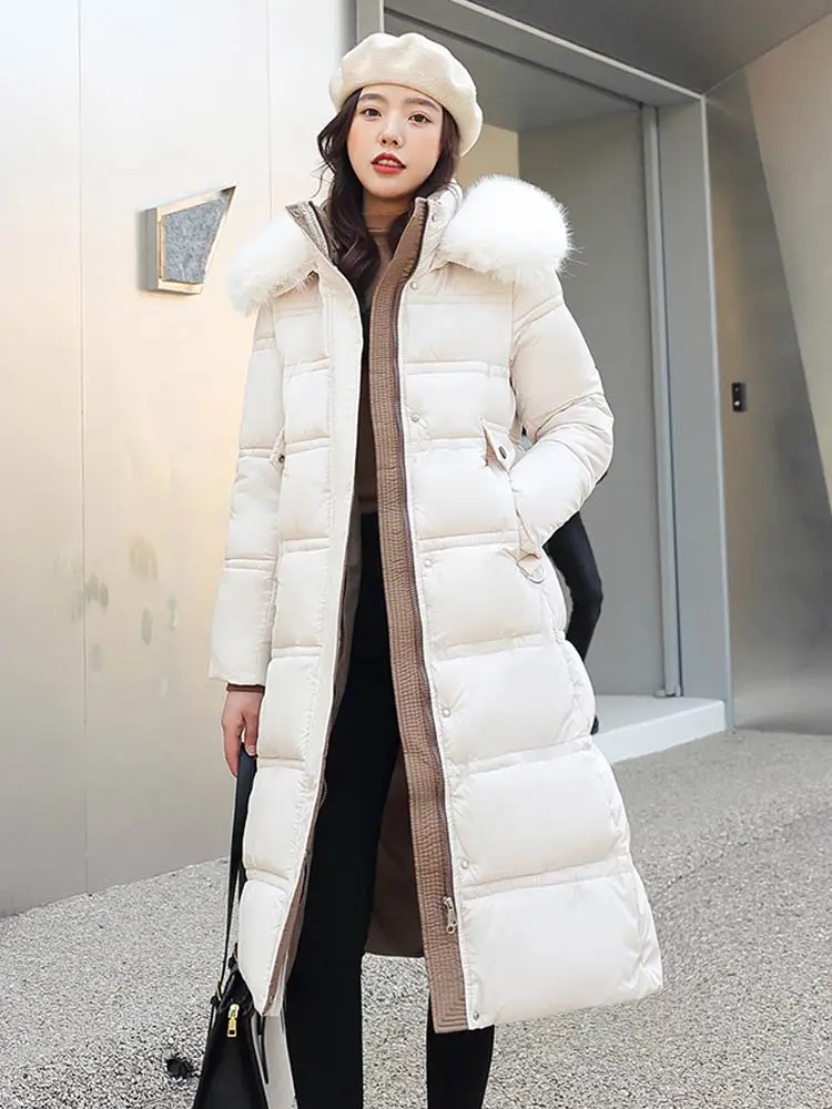 Vielleicht 2022 New Winter Women Puffer Down Jacket Parkas Women Clothes Long Slim Fur Hooded Solid Warm Coats Female Outwear