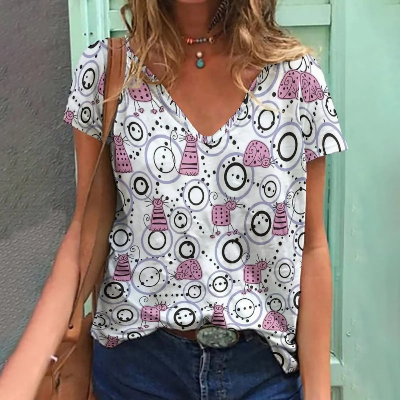 

3D Printed Women's T-Shirts Short Sleeves Oversized Summer T-Shirts Loose Casual Basic Tops Women's V-Neck Street T-Shirts