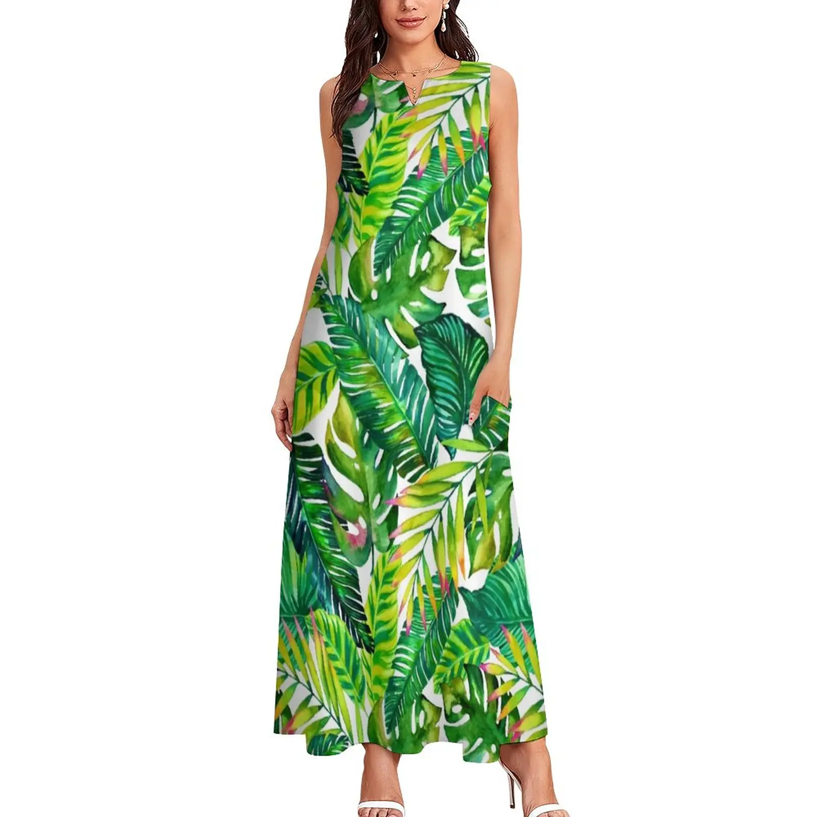 

Tropical Print Dress Banana Leaves Kawaii Maxi Dress Sleeveless Trendy Boho Beach Long Dresses Street Wear Oversized Vestido