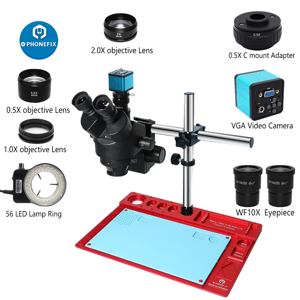 

7-45X 3.5-90X Dual Rod Simul Focal Trinocular Stereo Microscope 2.0MP VGA 1080P USB Microscopio Camera Phone PCB Repair Tools