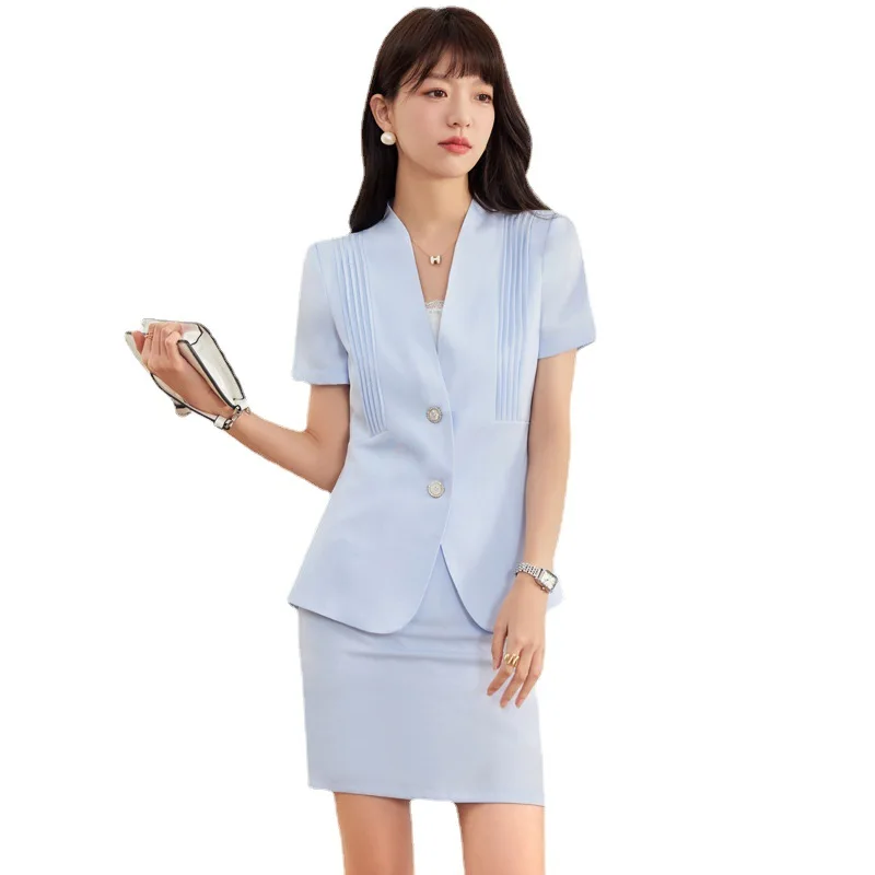 

Women Summer Short Sleeves Slim Blazer Tops and Skirts/Pants 2 Pieces Sets Work Wears Office Lady Business Uniform Suits