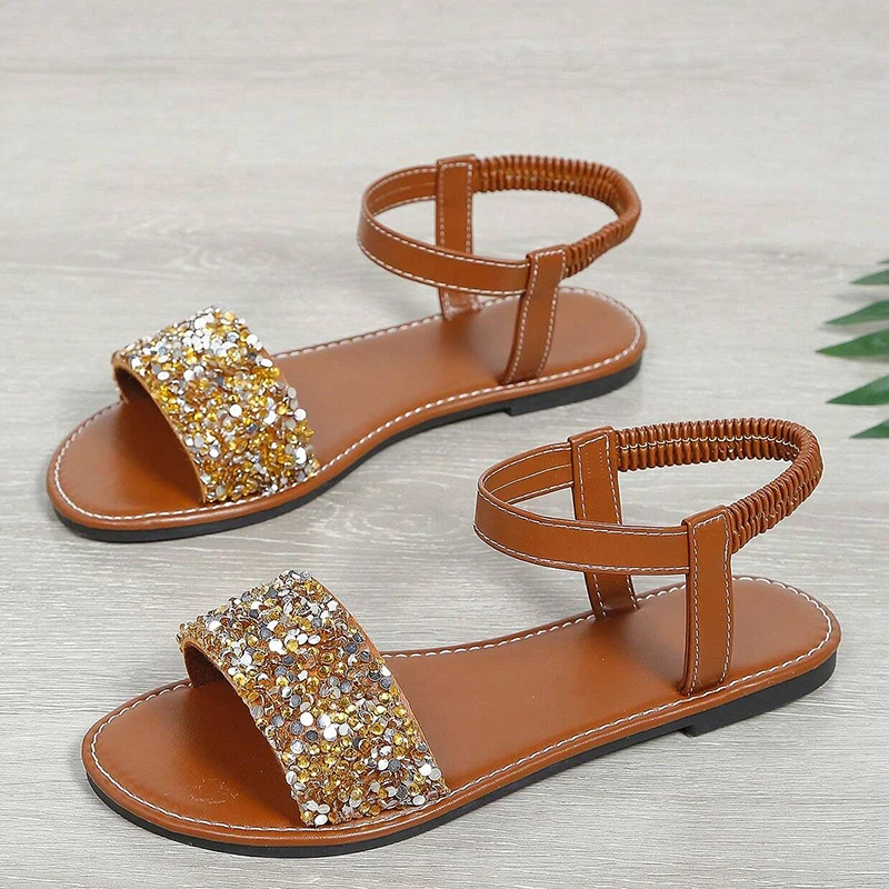Women Sandal Glamorous Rhinestone Decor Sandals 2023 New Fashion Ankle Strap Summer Outdoor Slippers Casual Woman Female Shoes