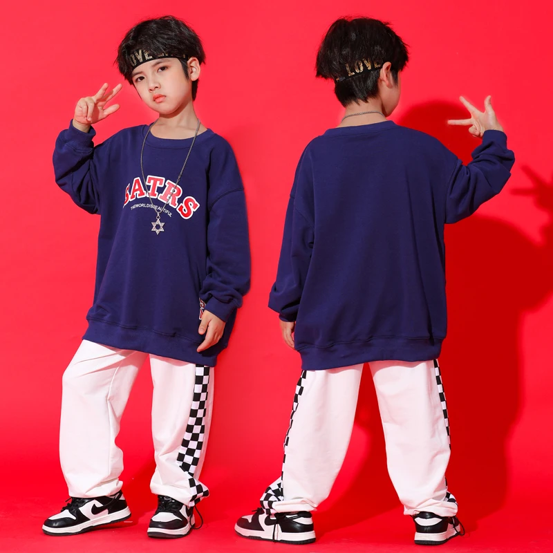 

Костюм джазовый для мальчиков, свитшот с синим принтом и свободные брюки, уличная одежда в стиле хип-хоп, Одежда для танцев, выступлений и Rave DQS10812