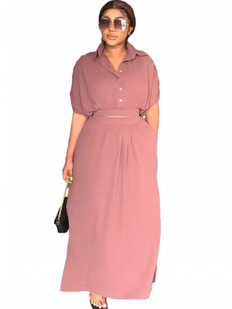 

2 Piece Skirts Sets African Clothes Women Crop Tops And Long Skirt Suit Summer Solid Fashion Casual African Office Lady Outfits