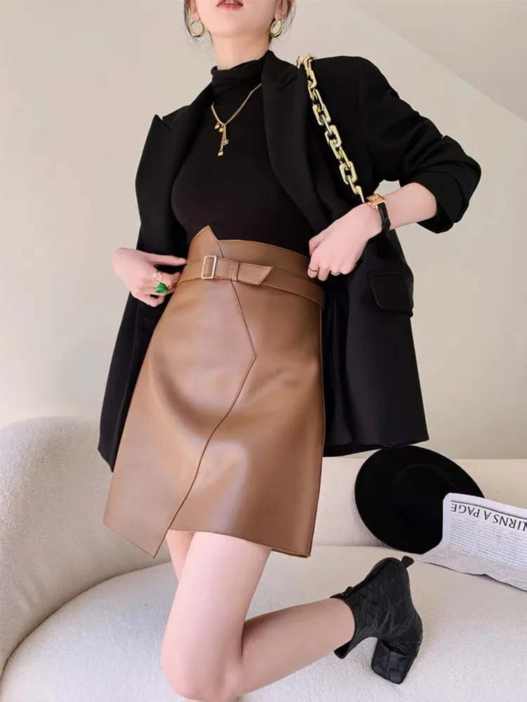 

Женская мини-юбка из натуральной кожи, трапециевидная черная/белая юбка с высокой талией в Корейском стиле, 2022