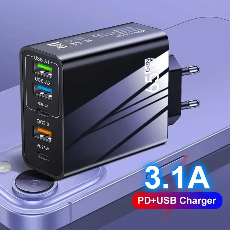 65W USB Charger 5 Ports Type C Fast Charging QC3.0 Power Adapter For iPhone 15 Samsung Xiaomi Quick Charge Wall Chargers