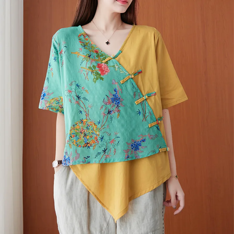 

Irregular Cotton Linen China Shirt Tang Suit Women Summer Ethnic Style Loose Slanted Placket Top Retro Print Traditional Blouse