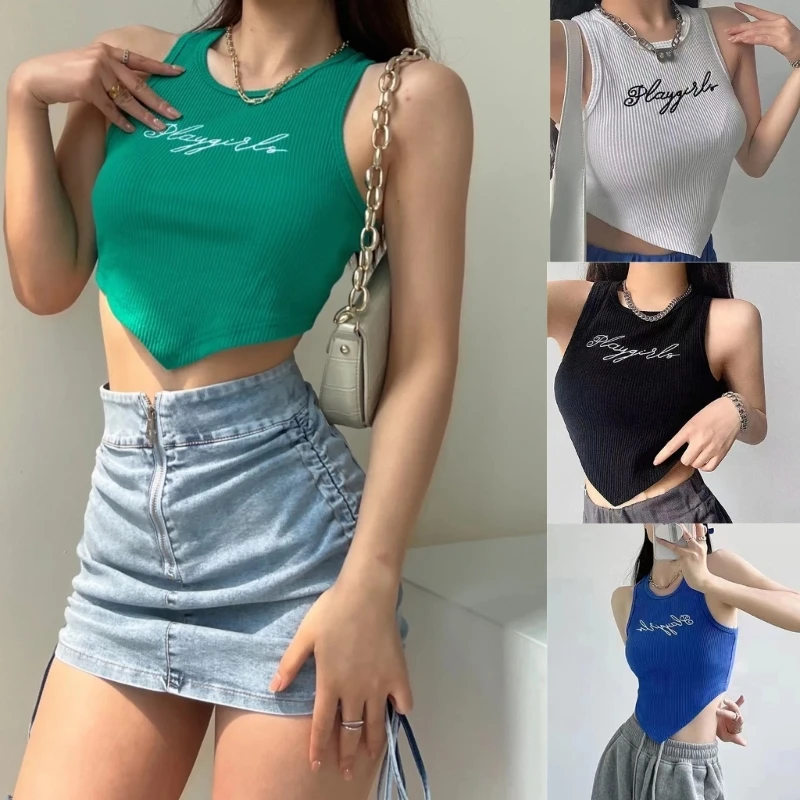 

2023 New Women O-Neck Asymmetrical Crop Top Letter Embroidery Solid Color Ribbed Knit Sleeveless Bodycon Racerback Vest