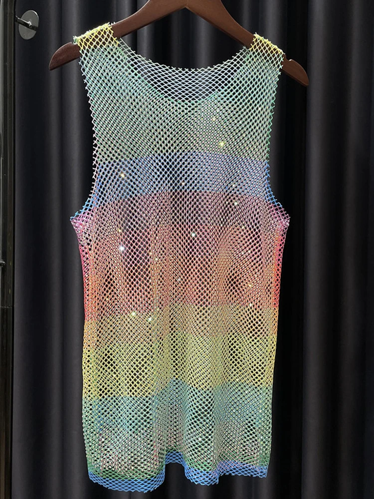 

Crystal Y2K RainbowTank Tops Party Club Sexy Beading Shiny Tanks Party Hollow Out Diamonds Sleeveless Vest Women&Men Neon