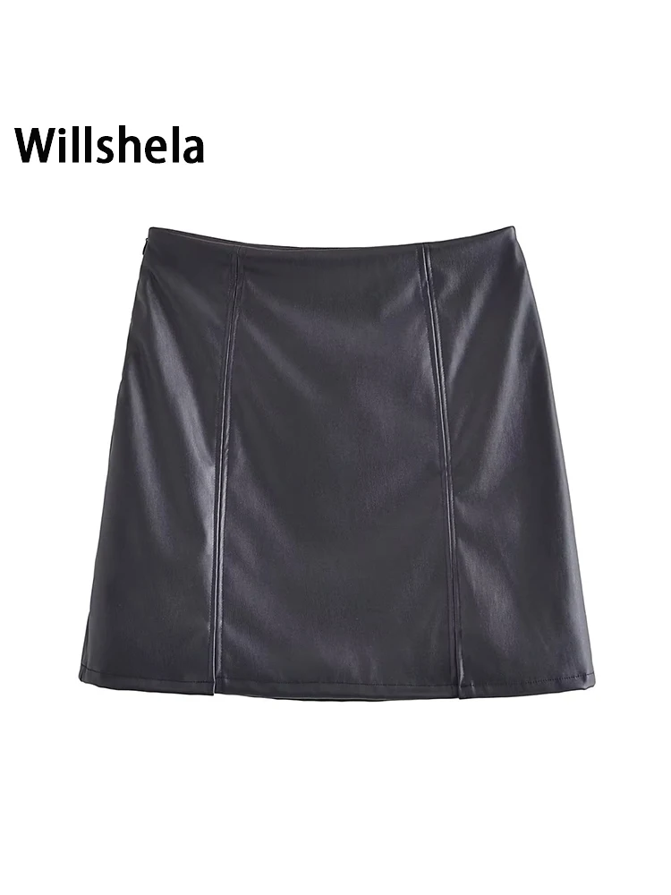 

Willshela женские модные однотонные мини-юбки из искусственной кожи с боковой молнией винтажные женские шикарные юбки с высокой талией