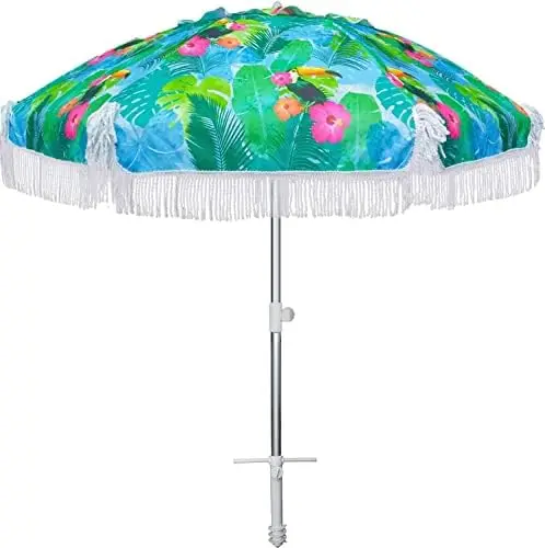 Heavy Duty HIGH Wind fringe Umbrella with sand anchor & Tilt Sun Shelter , UV 50+ Sun Protection Outdoor Sunshade Umbrella