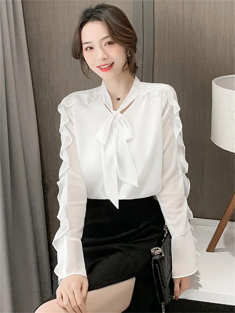 Элегантная шифоновая рубашка с бантом Женская офисная одежда осенняя модная
