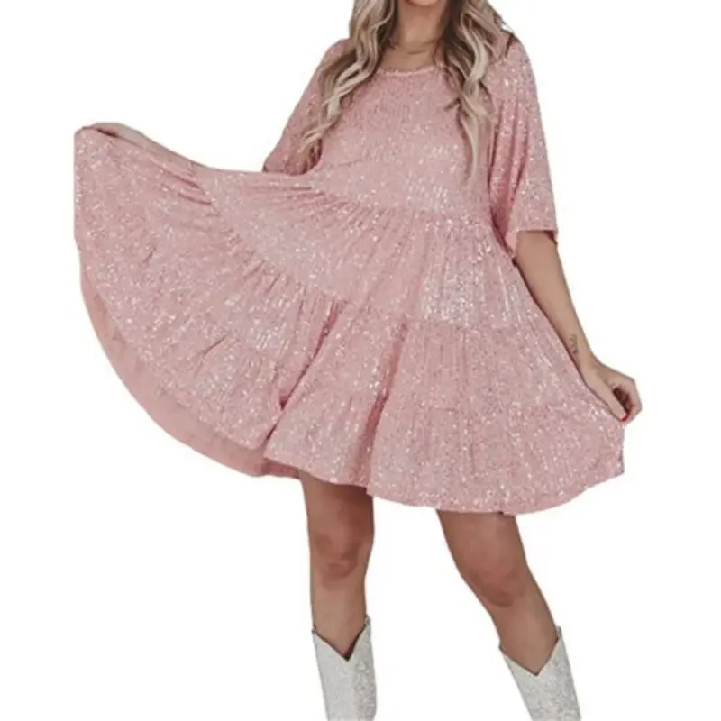 

Women's Dress with 3/4 Sleeves Round Neck Sequin A-line Loose Fitting Fashion Casual Summer Short Skirt