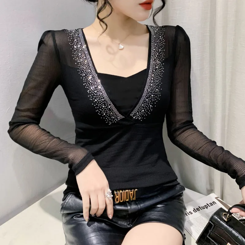 

#8375 Black Khaki Tight T Shirt Women Diamonds V-neck Sexy Tight Long Sleeve T-Shirt Korean Style Mesh Short Perspective Tshirt