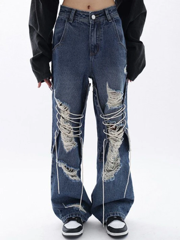 

ADAgirl Baggy Blue Jeans Women Streetwear Vintage Hollow Out Lace Up Wide Leg Denim Trousers Y2k Grunge Straight Mujer Pants Ins