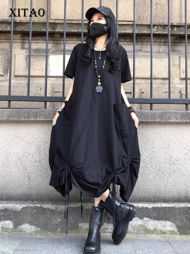 

XITAO Casual O-neck Dress Personality Bandage Street Windy Women 2023 Summer New Arrival Folds Loose Fashion Dress HQQ0883