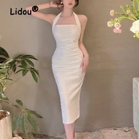 2022 summer off shoulder new white slim sling hip skirt fashion sleeveless halter neck temperament popularity midi dress
