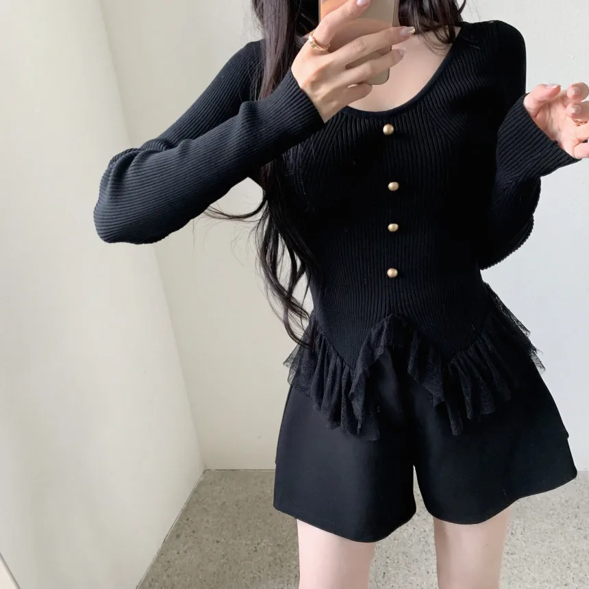 Южная Корея Ins Вязаный свитер с нерегулярной кружевной строчкой |