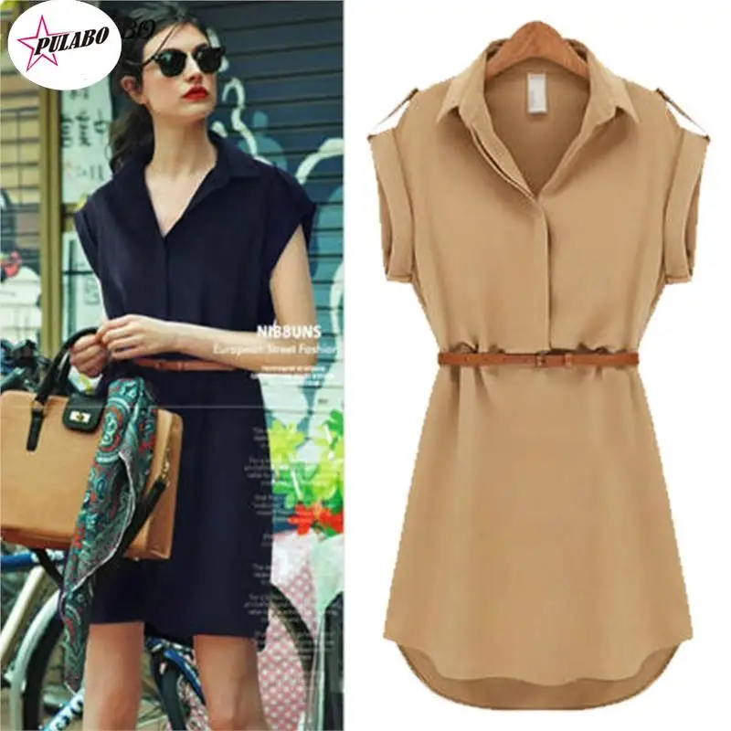 

Женское летнее Мини-Платье рубашка с английским воротником, Короткие однотонные шифоновые Повседневные офисные платья с поясом, женские платья