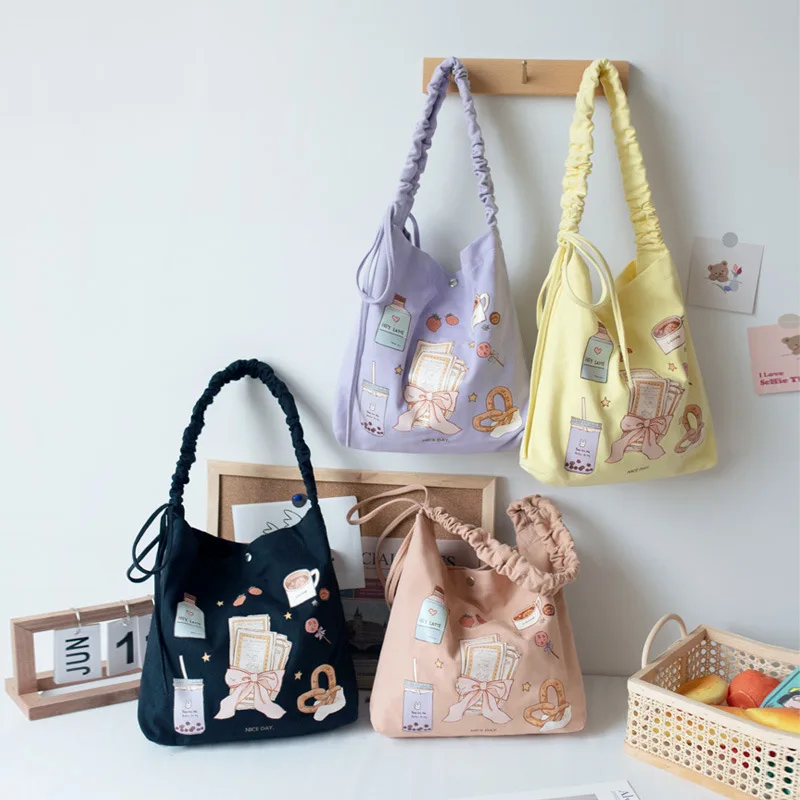 

Cute Printed Canvas Bag Students Lunch Bag Large Capacity Storage Bag Lady Casual Tote Shoulder Bags Top-handle Handbags