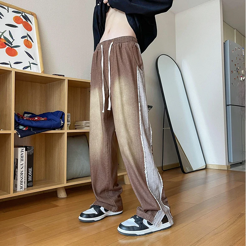 Four Seasons Men's Raw Edge Jeans Wide Leg Pants Fashion Brand Elastic Waist Hip Hop Men's Patchwork Trousers Casual Streetwear