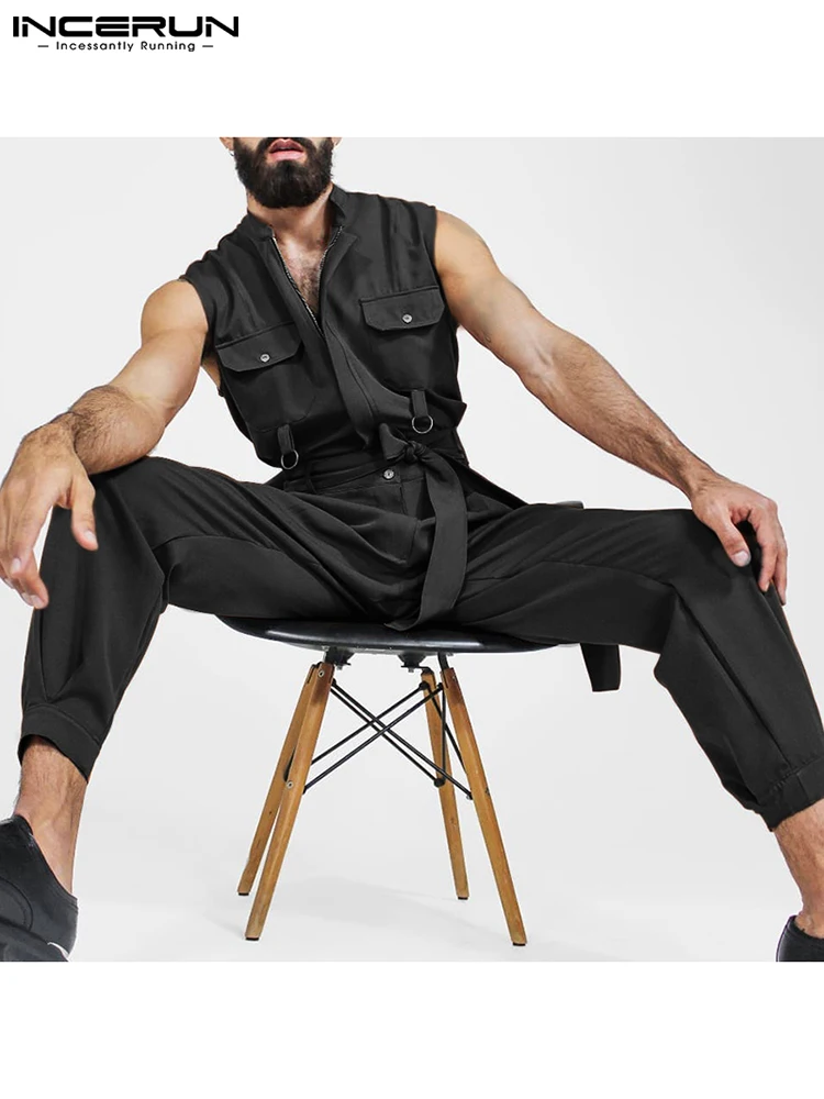 

INCERUN Men Jumpsuits Solid Lapel Sleeveless Multi Pockets Fashion Rompers With Belt 2022 Streetwear Casual Cargo Overalls S-5XL